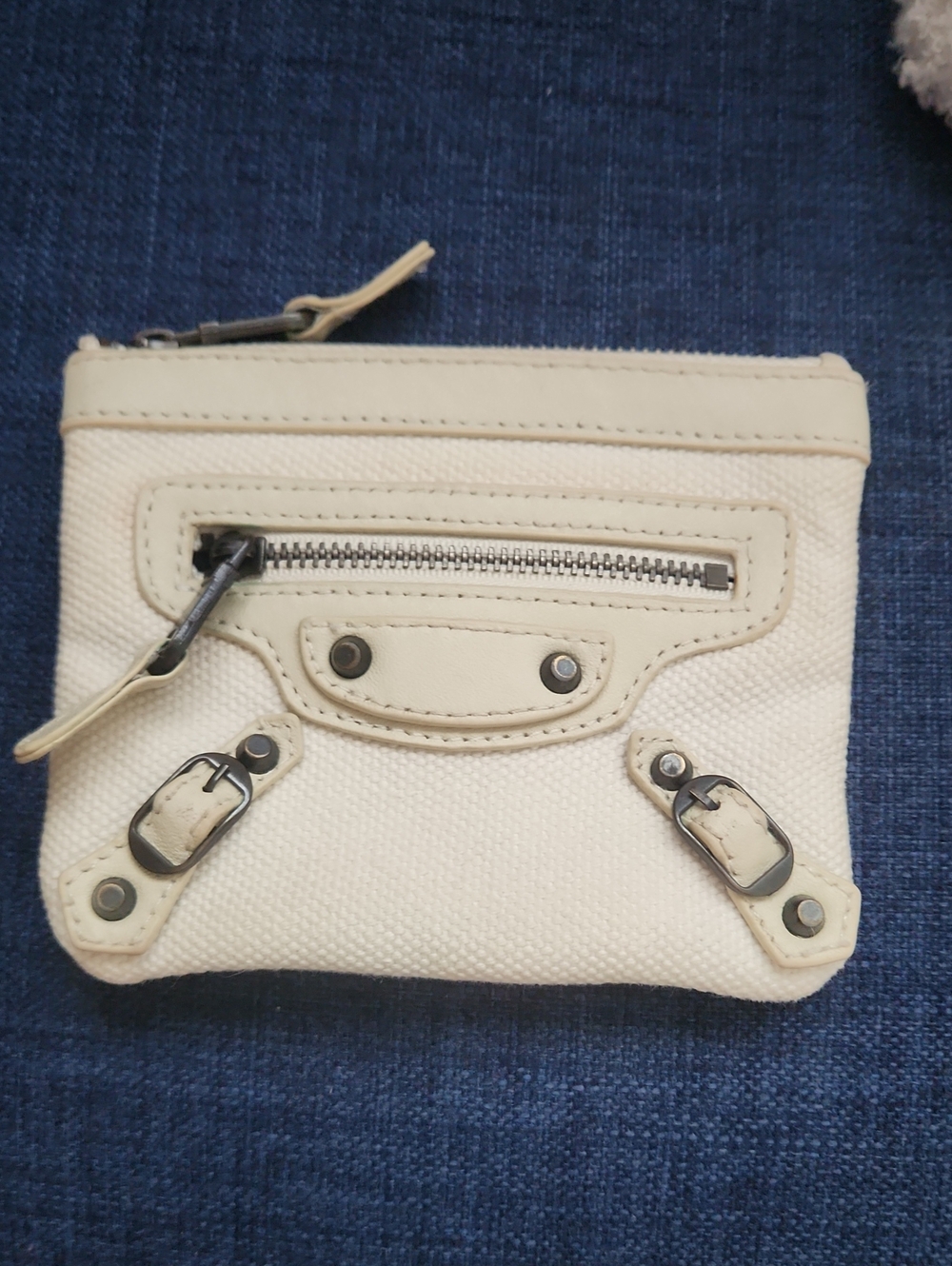 Balenciaga Cream Canvas And Leather Zip Card Pouch with Embossed Logo